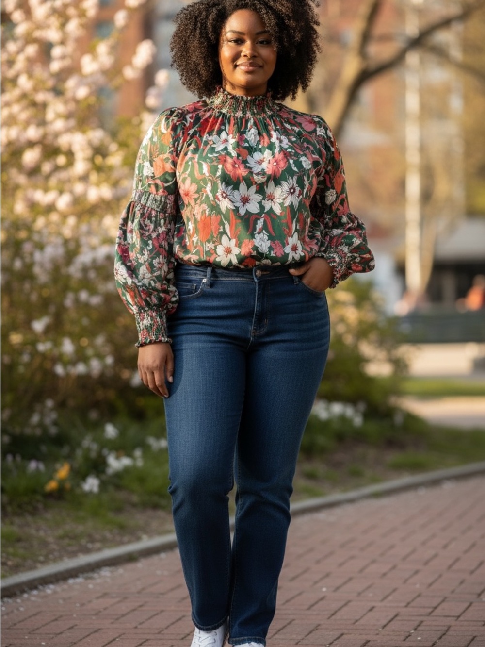 Floral Smocked Neck 70’s Inspired Blouse in Green & Coral